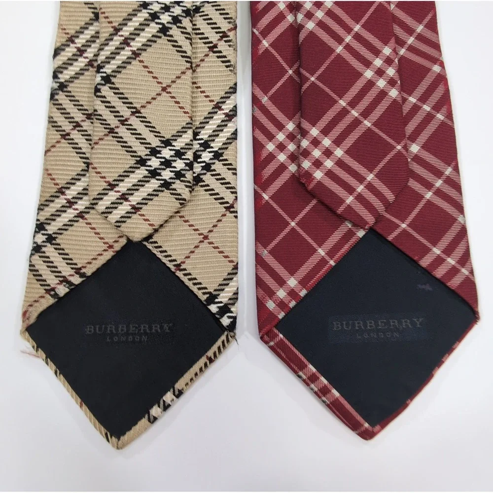 Burberry Mens Neckties Lot 2 OS Tan Red Nova Check Silk AS IS Craft Repair